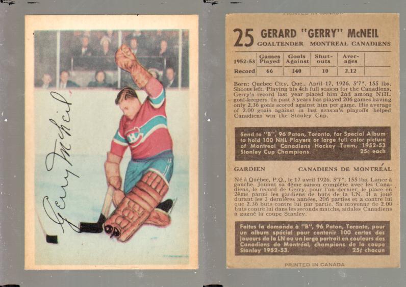 1953-54 PARKHURST HOCKEY CARD #25 G. MCNEIL photo 1953-54 PARKHURST HOCKEY CARD #25 G. MCNEIL photo