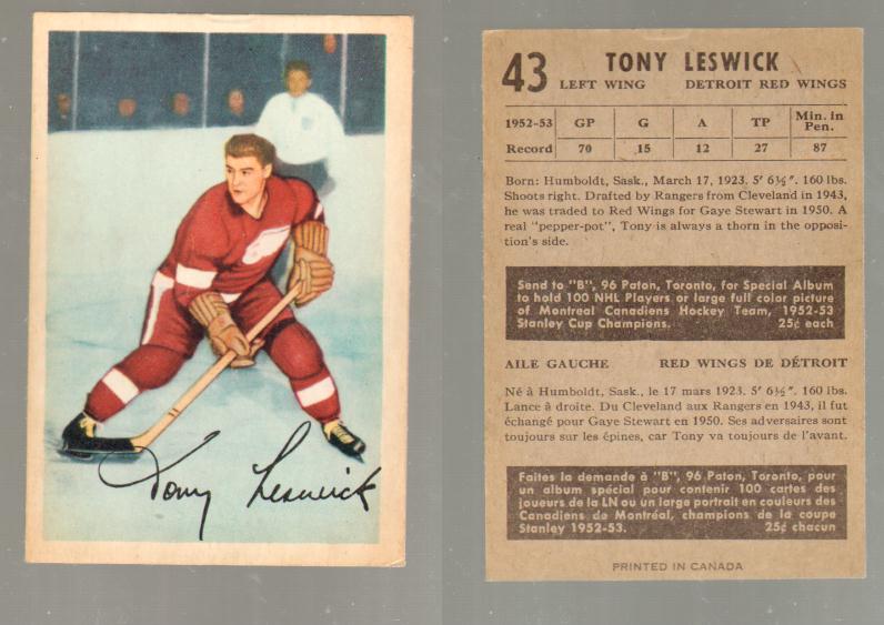 1953-54 PARKHURST HOCKEY CARD #43 T. LESWICK photo 1953-54 PARKHURST HOCKEY CARD #43 T. LESWICK photo