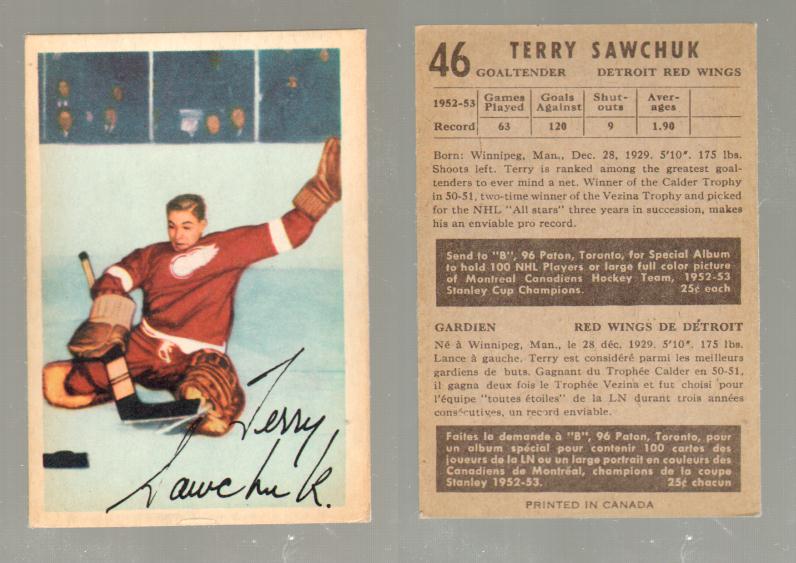 1953-54 PARKHURST HOCKEY CARD #46 T. SAWCHUCK photo 1953-54 PARKHURST HOCKEY CARD #46 T. SAWCHUCK photo
