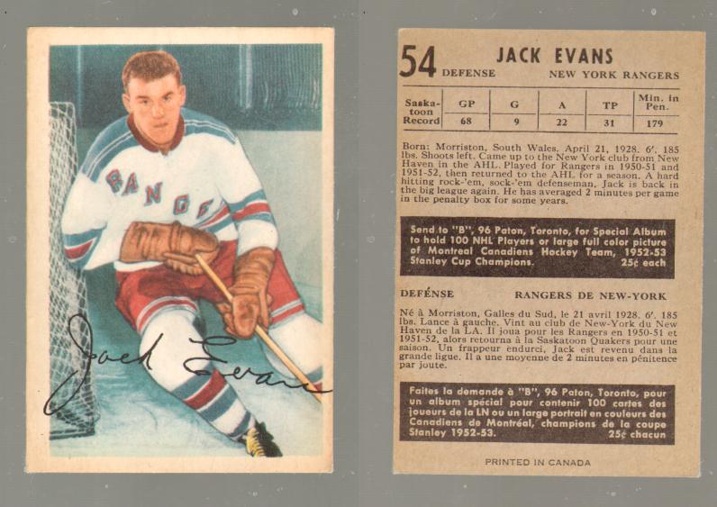 1953-54 PARKHURST HOCKEY CARD #54 J. EVANS photo 1953-54 PARKHURST HOCKEY CARD #54 J. EVANS photo
