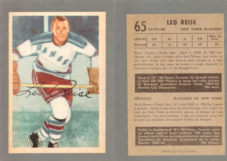 1953-54 PARKHURST HOCKEY CARD #65 L. REISE photo 1953-54 PARKHURST HOCKEY CARD #65 L. REISE photo