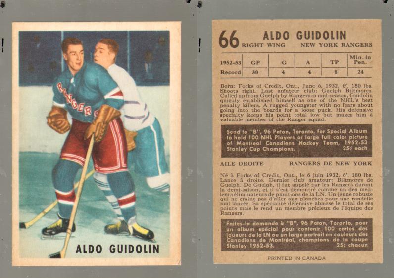 1953-54 PARKHURST HOCKEY CARD #66 A. GUIDOLIN photo 1953-54 PARKHURST HOCKEY CARD #66 A. GUIDOLIN photo