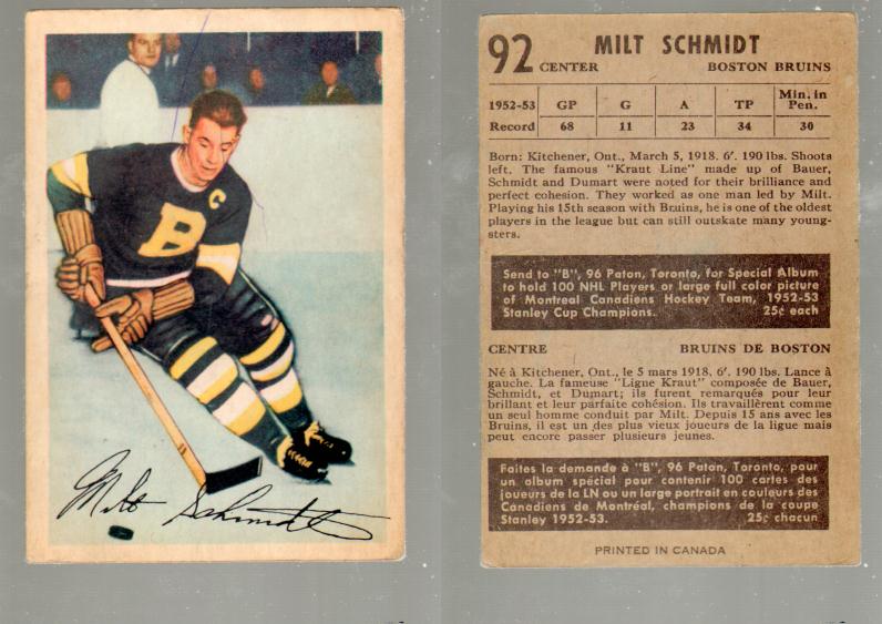 1953-54 PARKHURST HOCKEY CARD #92 M. SCHMIDT photo 1953-54 PARKHURST HOCKEY CARD #92 M. SCHMIDT photo