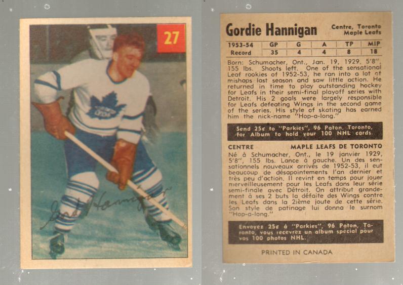 1954-55 PARKHURST HOCKEY CARD #27 G. HANNIGAN photo 1954-55 PARKHURST HOCKEY CARD #27 G. HANNIGAN photo