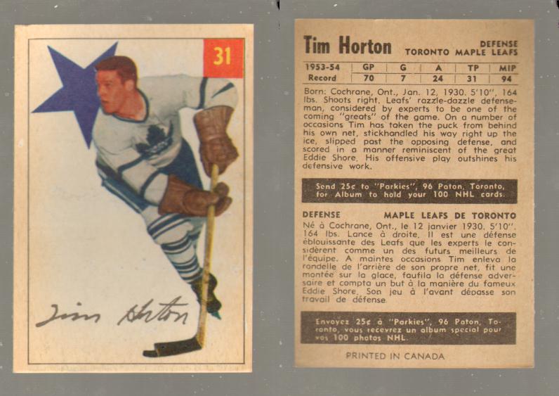 1954-55 PARKHURST HOCKEY CARD #31 T. HORTON photo 1954-55 PARKHURST HOCKEY CARD #31 T. HORTON photo