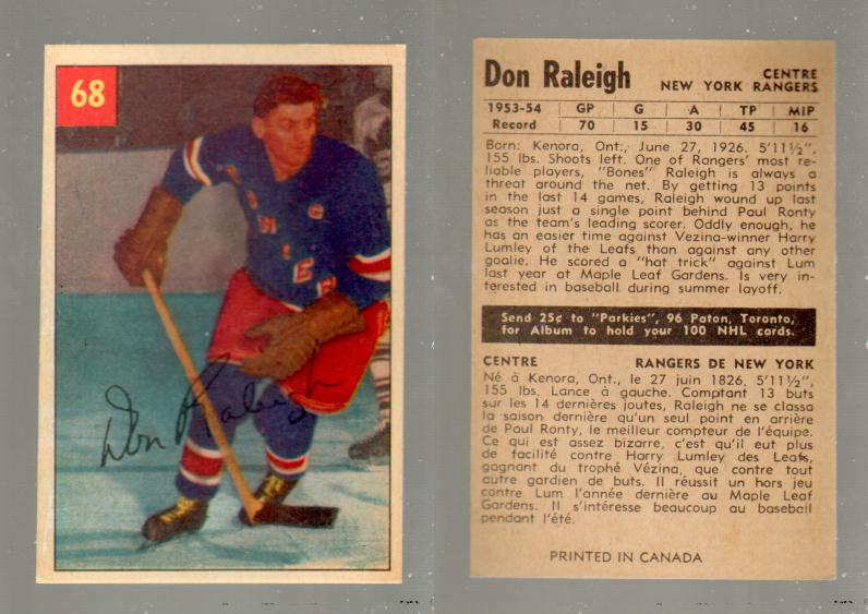 1954-55 PARKHURST HOCKEY CARD #68 D. RALEIGH photo 1954-55 PARKHURST HOCKEY CARD #68 D. RALEIGH photo