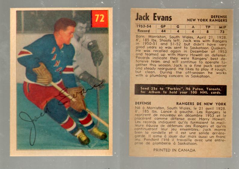 1954-55 PARKHURST HOCKEY CARD #72 J. EVANS photo 1954-55 PARKHURST HOCKEY CARD #72 J. EVANS photo