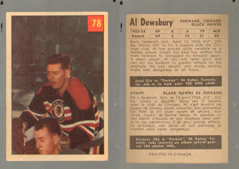 1954-55 PARKHURST HOCKEY CARD #78 AL. DEWSBURY photo 1954-55 PARKHURST HOCKEY CARD #78 AL. DEWSBURY photo