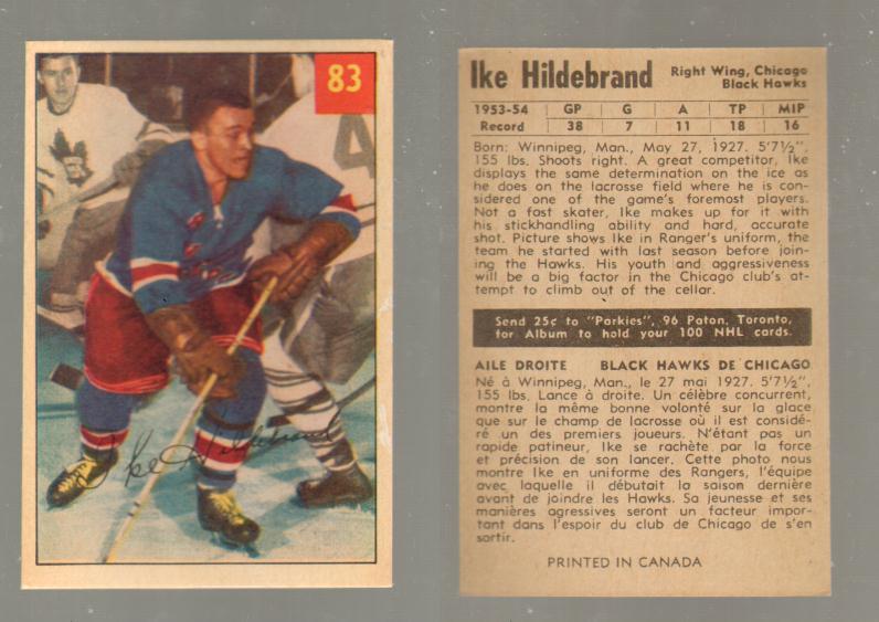 1954-55 PARKHURST HOCKEY CARD #83 I. HILDEBRAND photo 1954-55 PARKHURST HOCKEY CARD #83 I. HILDEBRAND photo