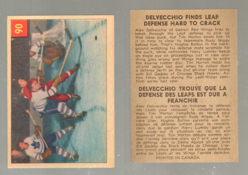 1954-55 PARKHURST HOCKEY CARD #90 DELVECCHIO FINDS LEAF DEFENSE HARD TO CRACK photo 1954-55 PARKHURST HOCKEY CARD #90 DELVECCHIO FINDS LEAF DEFENSE HARD TO CRACK photo