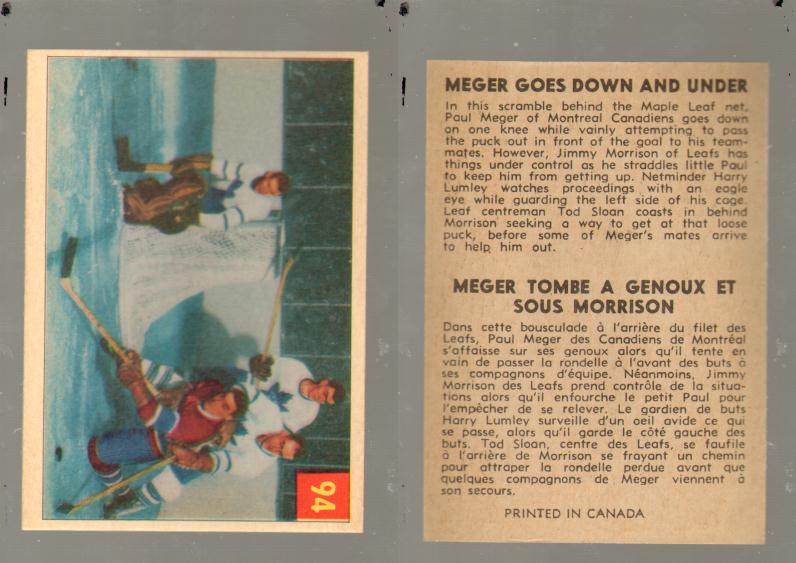 1954-55 PARKHURST HOCKEY CARD #94 MEGER GOES DOWN AND UNDER photo 1954-55 PARKHURST HOCKEY CARD #94 MEGER GOES DOWN AND UNDER photo