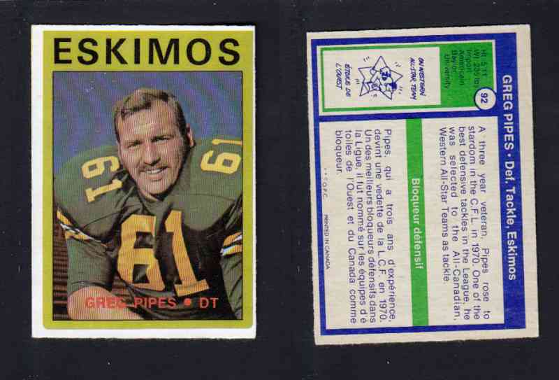 1972 CFL O-PEE-CHEE FOOTBALL CARD #92 G. PIPES photo