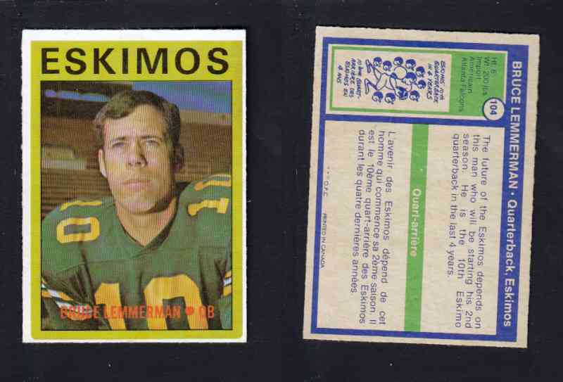 1972 CFL O-PEE-CHEE FOOTBALL CARD #104 B. LEMMERMAN photo 1972 CFL O-PEE-CHEE FOOTBALL CARD #104 B. LEMMERMAN photo