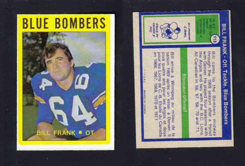 1972 CFL O-PEE-CHEE FOOTBALL CARD #113 B. FRANK photo