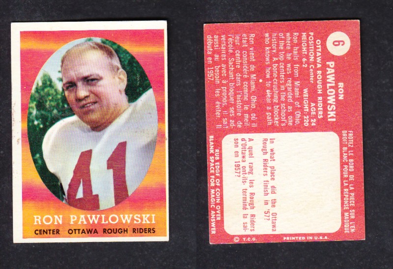 1958 CFL TOPPS FOOTBALL CARD #6 R.PAWLOWSKI photo