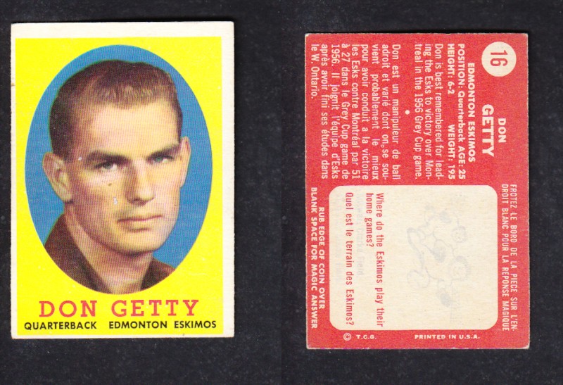 1958 CFL TOPPS FOOTBALL CARD #16 D.GETTY photo 1958 CFL TOPPS FOOTBALL CARD #16 D.GETTY photo