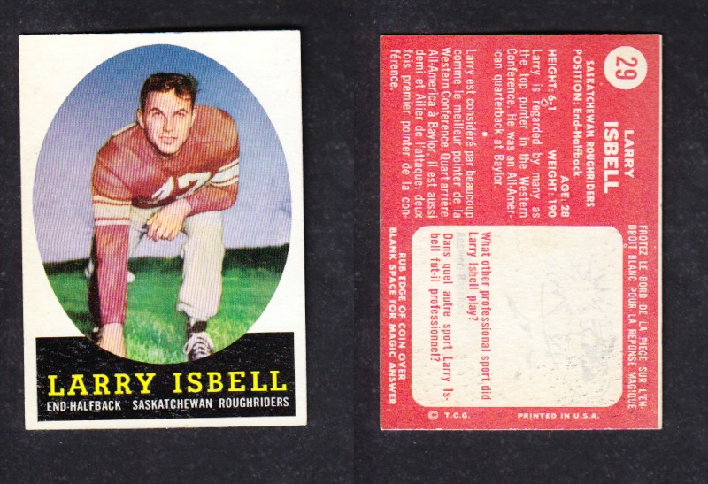 1958 CFL TOPPS FOOTBALL CARD #29 L.ISBELL photo 1958 CFL TOPPS FOOTBALL CARD #29 L.ISBELL photo