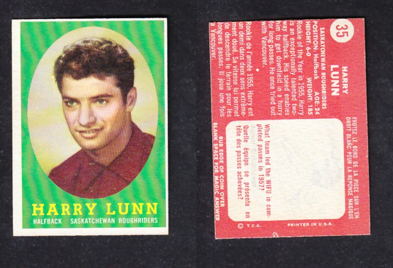 1958 CFL TOPPS FOOTBALL CARD #35 H.LUNN photo 1958 CFL TOPPS FOOTBALL CARD #35 H.LUNN photo