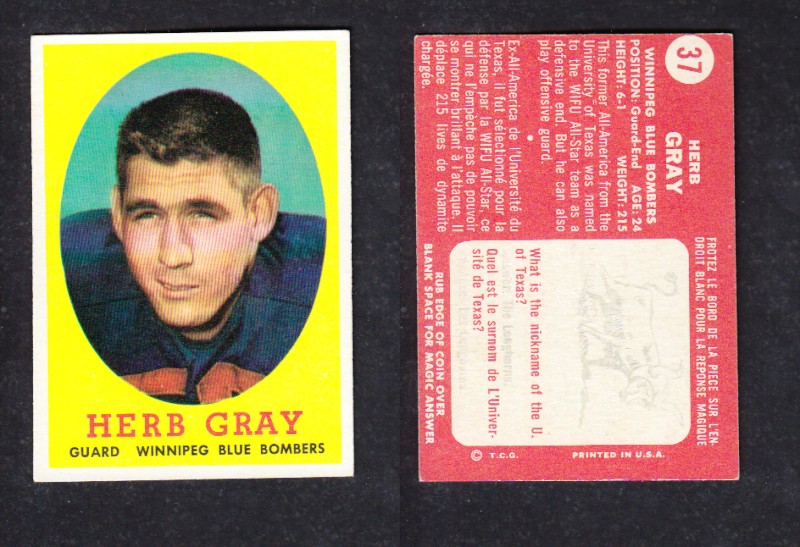 1958 CFL TOPPS FOOTBALL CARD #37 E.GRAY photo 1958 CFL TOPPS FOOTBALL CARD #37 E.GRAY photo