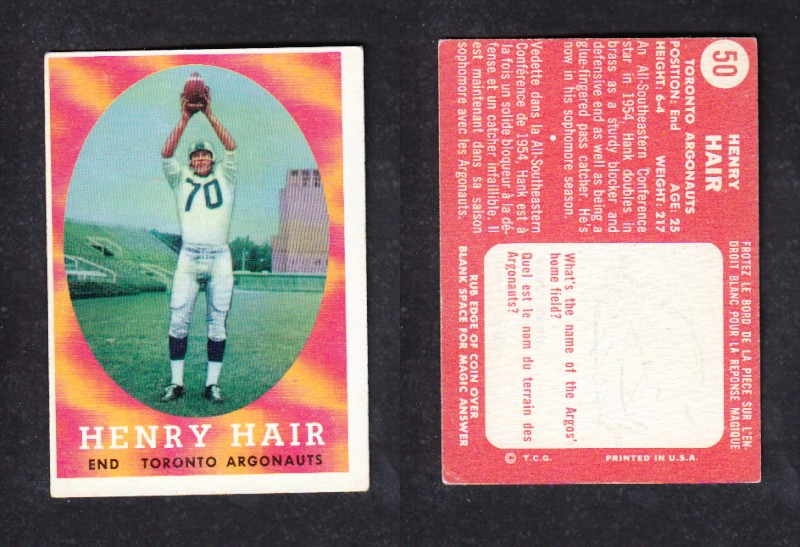 1958 CFL TOPPS FOOTBALL CARD #50 H.HAIR photo 1958 CFL TOPPS FOOTBALL CARD #50 H.HAIR photo