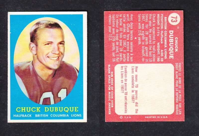 1958 CFL TOPPS FOOTBALL CARD #73 C.DUBUQUE photo