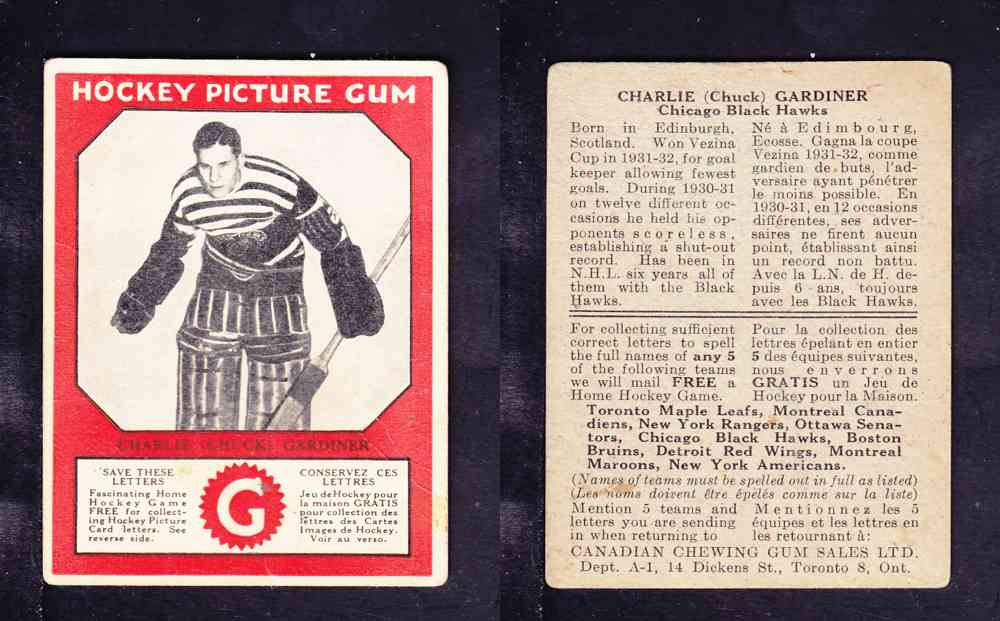 CS61047974 193334 CANADIAN CHEWING GUM HOCKEY CARD C. GARDINER