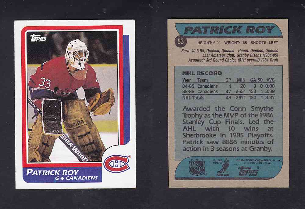 1986-87 TOPPS HOCKEY CARD P. ROY ROOKIE CARD #53 photo
