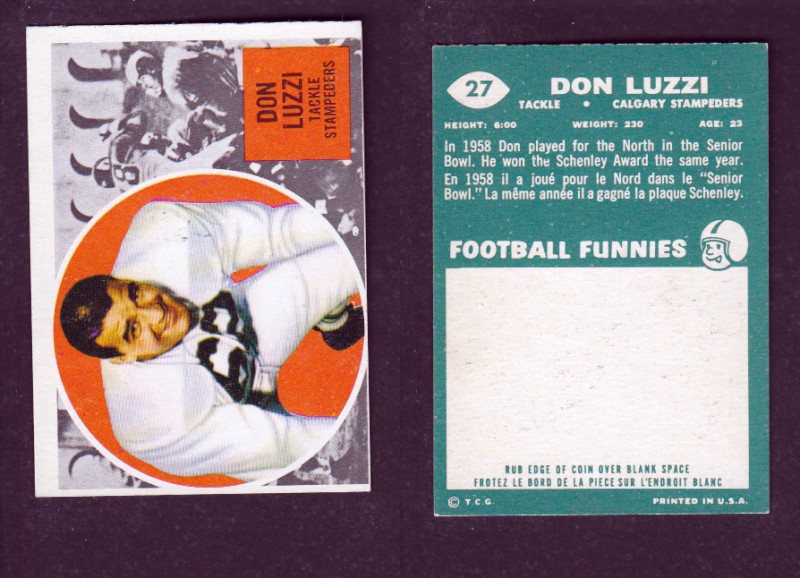 1960 CFL TOPPS FOOTBALL CARD #27 D. LUZZI photo 1960 CFL TOPPS FOOTBALL CARD #27 D. LUZZI photo