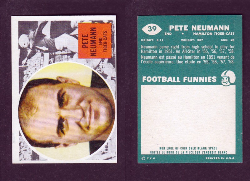 1960 CFL TOPPS FOOTBALL CARD #39 P. NEUMANN photo