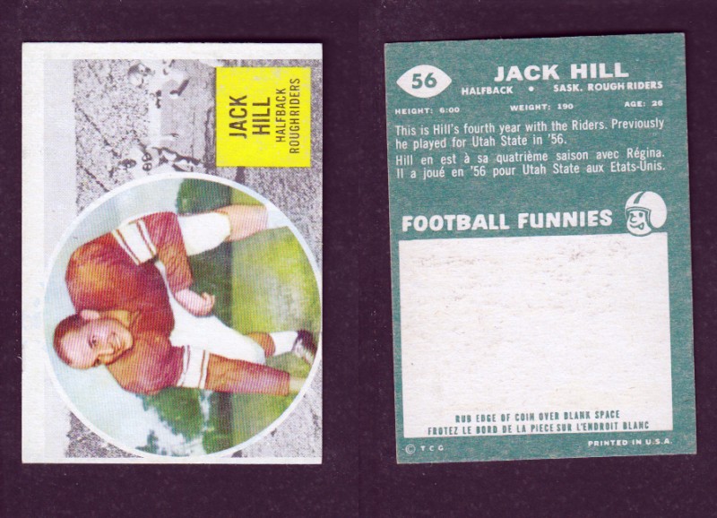 1960 CFL TOPPS FOOTBALL CARD #56 J. HILL photo 1960 CFL TOPPS FOOTBALL CARD #56 J. HILL photo