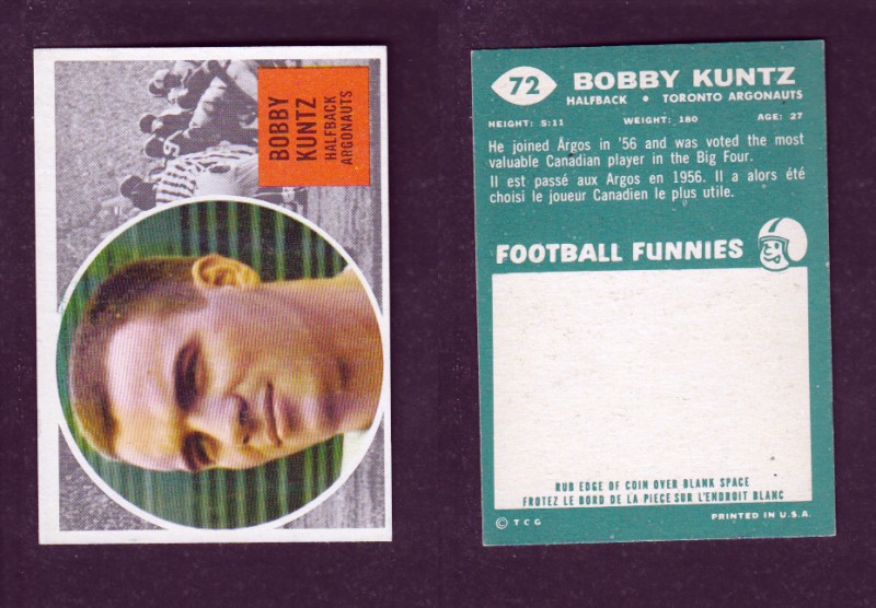 1960 CFL TOPPS FOOTBALL CARD #72 B. KUNTZ photo 1960 CFL TOPPS FOOTBALL CARD #72 B. KUNTZ photo