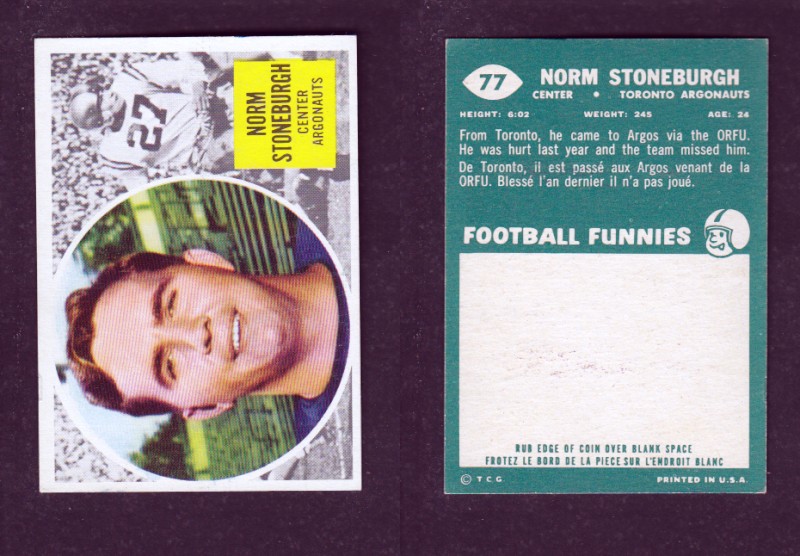 1960 CFL TOPPS FOOTBALL CARD #77 N. STONEBURGH photo 1960 CFL TOPPS FOOTBALL CARD #77 N. STONEBURGH photo