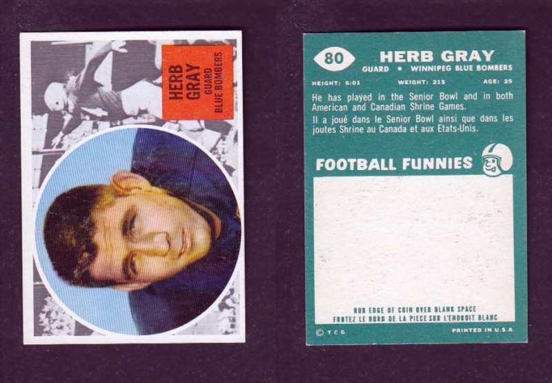1960 CFL TOPPS FOOTBALL CARD #80 H. GRAY photo 1960 CFL TOPPS FOOTBALL CARD #80 H. GRAY photo