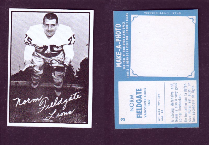 1961 CFL TOPPS FOOTBALL CARD #3 N. FIELDGATE photo 1961 CFL TOPPS FOOTBALL CARD #3 N. FIELDGATE photo