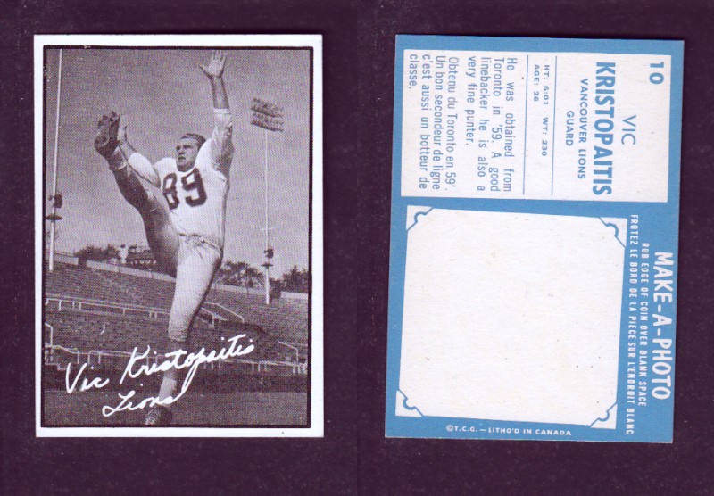 1961 CFL TOPPS FOOTBALL CARD #9 V. KRISTOPAITIS photo 1961 CFL TOPPS FOOTBALL CARD #9 V. KRISTOPAITIS photo
