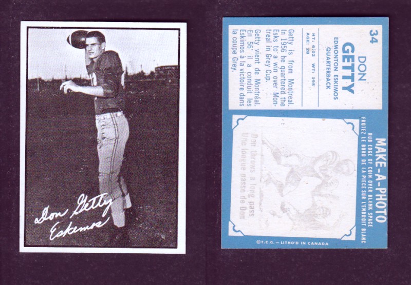 1961 CFL TOPPS FOOTBALL CARD #34 D. GETTY photo 1961 CFL TOPPS FOOTBALL CARD #34 D. GETTY photo