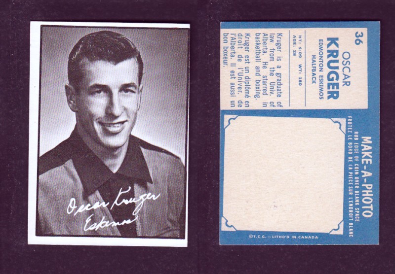 1961 CFL TOPPS FOOTBALL CARD #36 O. KRUGER photo 1961 CFL TOPPS FOOTBALL CARD #36 O. KRUGER photo