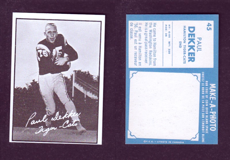 1961 CFL TOPPS FOOTBALL CARD #45 P. DEKKER photo 1961 CFL TOPPS FOOTBALL CARD #45 P. DEKKER photo
