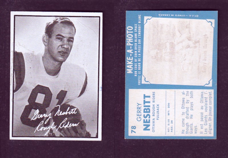 1961 CFL TOPPS FOOTBALL CARD #78 G. NESBITT photo 1961 CFL TOPPS FOOTBALL CARD #78 G. NESBITT photo