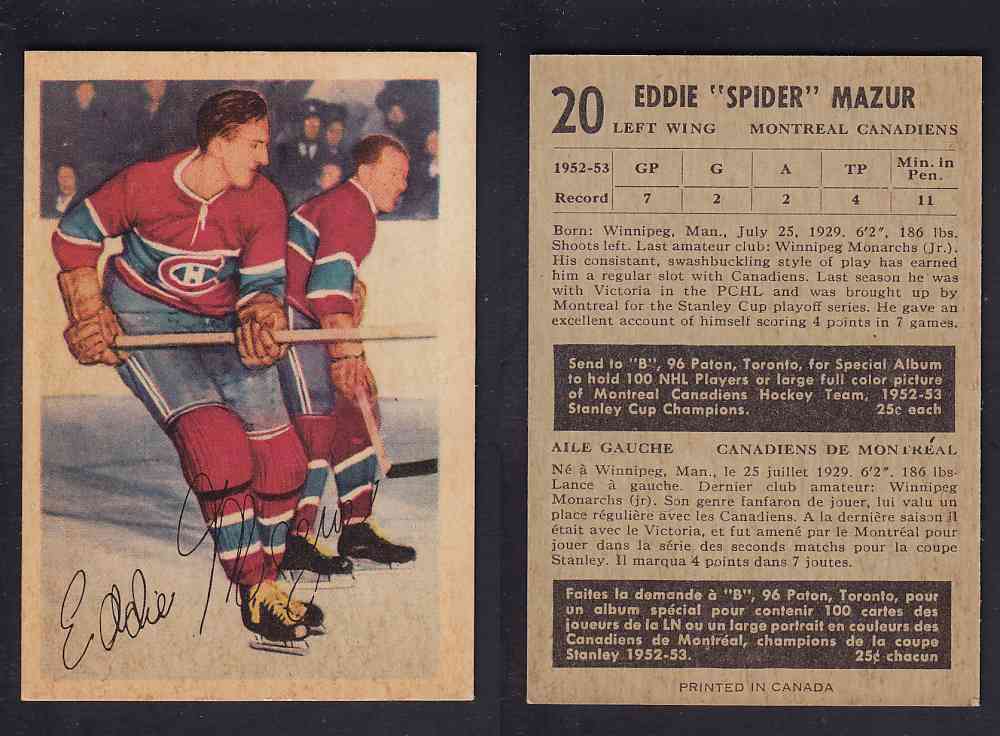 1953-54 PARKHURST HOCKEY CARD #20 E. MAZUR photo 1953-54 PARKHURST HOCKEY CARD #20 E. MAZUR photo