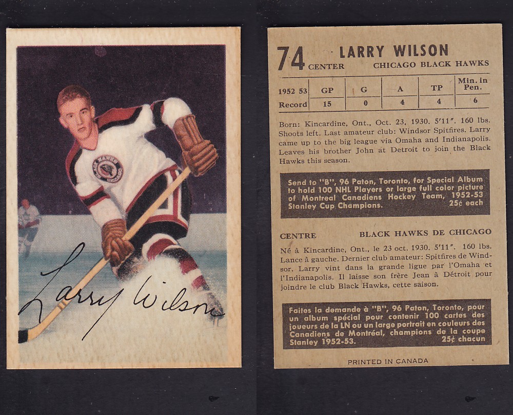 1953-54 PARKHURST HOCKEY CARD #74 L. WILSON photo 1953-54 PARKHURST HOCKEY CARD #74 L. WILSON photo