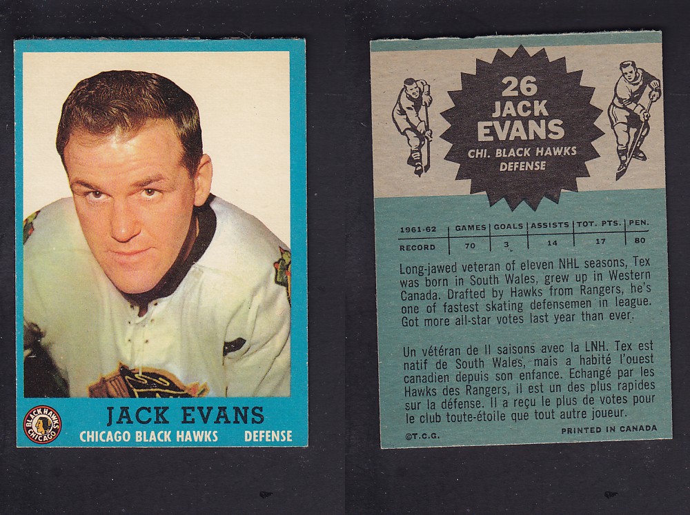 1962-63 TOPPS HOCKEY CARD # 26 J. EVANS photo 1962-63 TOPPS HOCKEY CARD # 26 J. EVANS photo