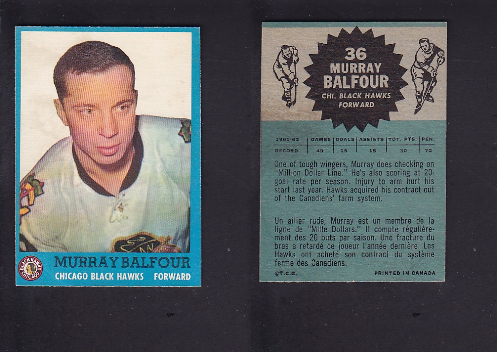 1962-63 TOPPS HOCKEY CARD # 36 M. BALFOUR photo 1962-63 TOPPS HOCKEY CARD # 36 M. BALFOUR photo