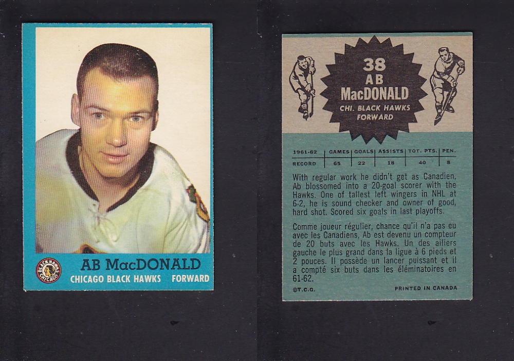 1962-63 TOPPS HOCKEY CARD # 38 A. MACDONALD photo 1962-63 TOPPS HOCKEY CARD # 38 A. MACDONALD photo