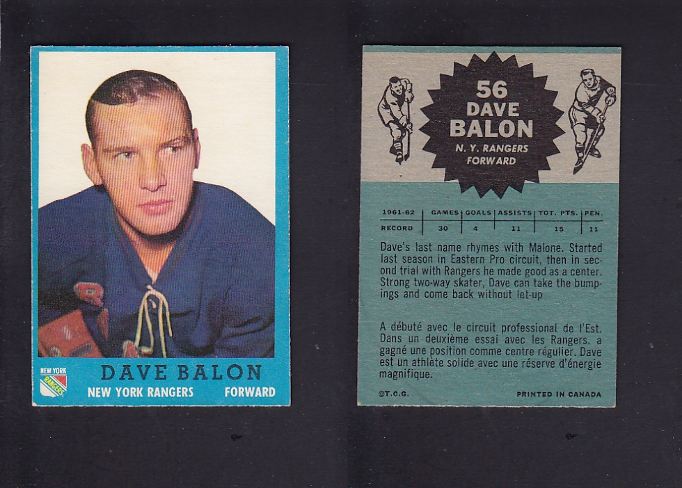 1962-63 TOPPS HOCKEY CARD #56 D. BALON photo 1962-63 TOPPS HOCKEY CARD #56 D. BALON photo