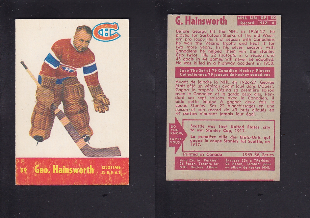 1955-56 PARKHURST HOCKEY CARD #59 G. HAINSWORTH photo 1955-56 PARKHURST HOCKEY CARD #59 G. HAINSWORTH photo