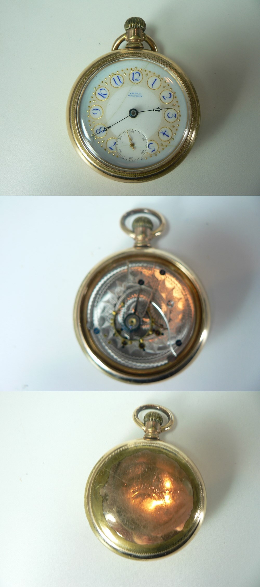 VINTAGE  60 MM  WALTHAM  FANCY DIAL  GOLD PLATED POCKET WATCH photo