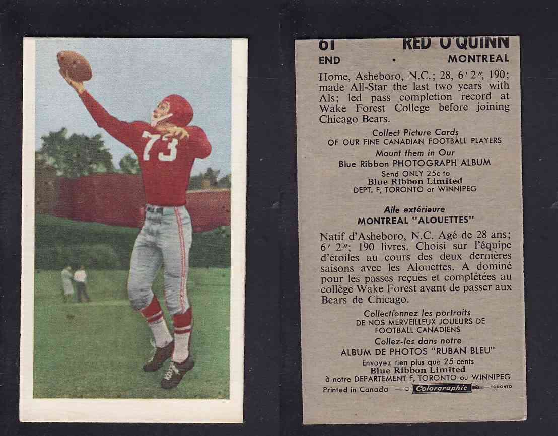 1954 CFL BLUE RIBBON FOOTBALL CARD #61 R. O'QUINN photo 1954 CFL BLUE RIBBON FOOTBALL CARD #61 R. O'QUINN photo