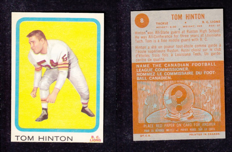 1963 CFL TOPPS FOOTBALL CARD #8 T. HINTON photo 1963 CFL TOPPS FOOTBALL CARD #8 T. HINTON photo