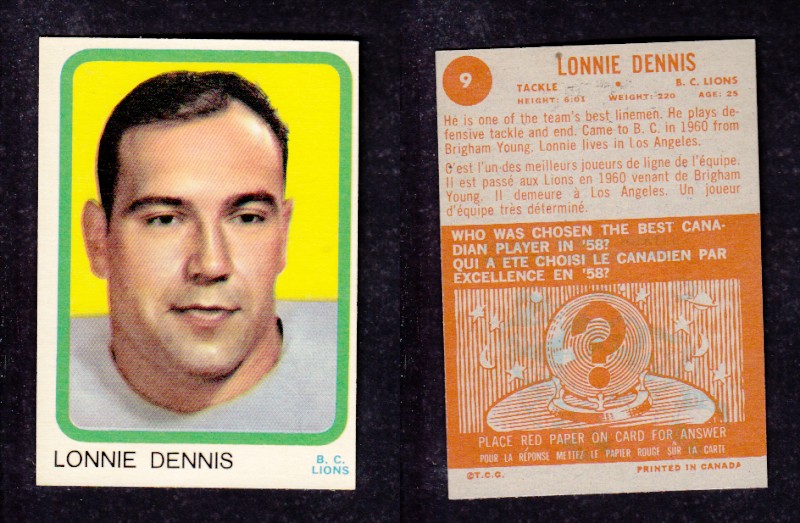 1963 CFL TOPPS FOOTBALL CARD #9 L. DENNIS photo 1963 CFL TOPPS FOOTBALL CARD #9 L. DENNIS photo
